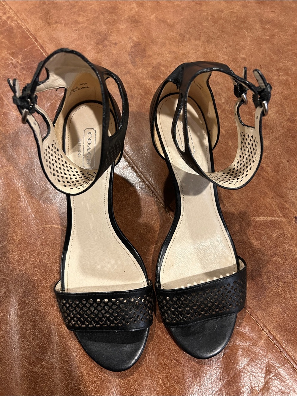Coach Black Perforated Leather Wedge Sandals with Ankle Straps